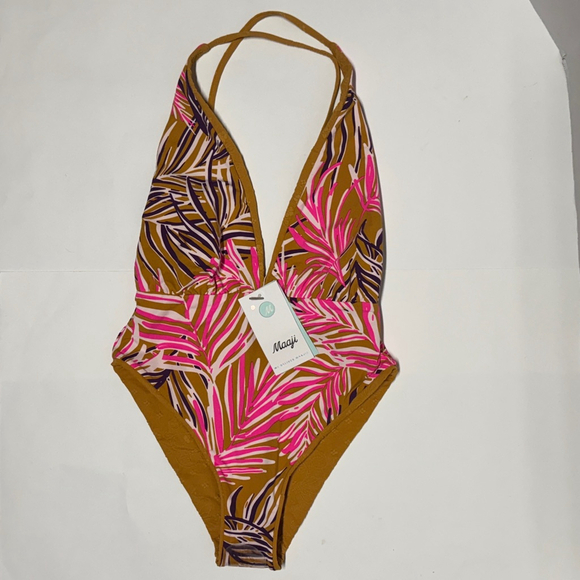 Maaji Caramel Brown Safri Plunge One Piece SwimSuit Reversible Small NWT - Picture 5 of 11